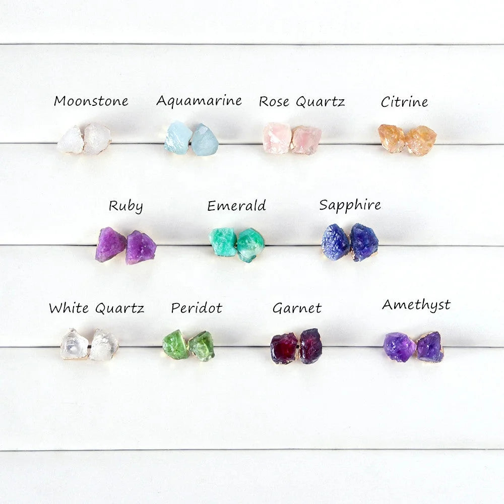 925 Silver Raw Crystal Studs Earring Jewelry Women Natural Sapphire Moonstone Rough Birthstone Earrings