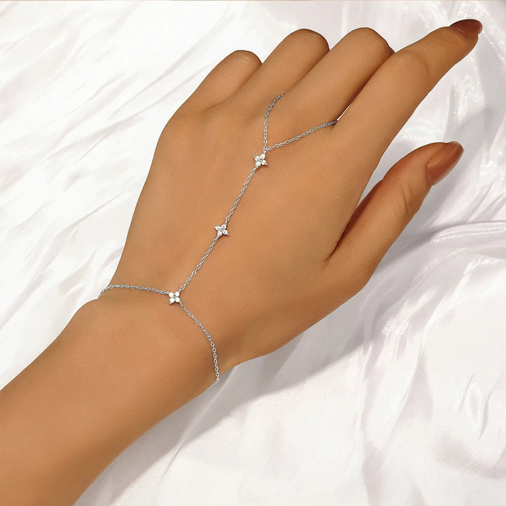 Custom S925  Sterling Silver Stacked Link Wrist Chain CZ Flower Finger Ring Hand Chain for Women Fashionable Slave Bracelets