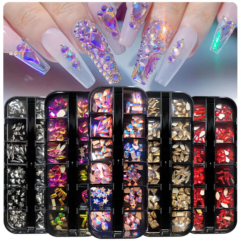 Misscheering Hot-selling 12-compartment Set Boxed Flat-bottomed Special-shaped Colored Glass Rhinestone Nail Art Jewelry