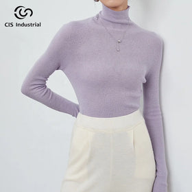 Custom Ribbed Women's Turtleneck T-Shirt Sweater Elegant Casual High Stretch Slim Design Knitwear Manufacturers' Autumn Thin