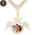 Luxury Gold Plated Memory Jewelry Wholesale Custom Picture Zircon Diamond Crown Circle Photo Pendant With Wing