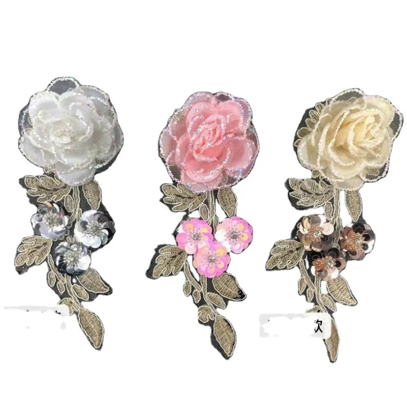 Factory Direct Large Embroidery Patch 3D Fabric Flower with Sequin PVC Plastic for Customizing Clothing or Accessories