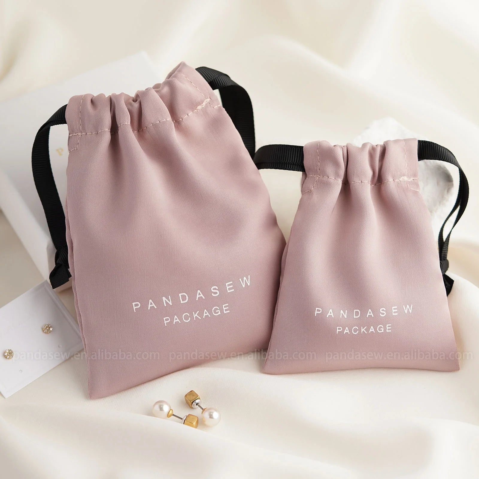 PandaSew Custom Logo Dark Pink Dense Silk Satin Jewelry Bag Pouch Gift Drawstring Bag
