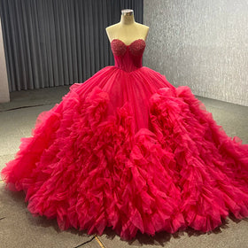 Customized V-Waist Rose Red Dress Tube Top Lady Short Skirt Large Tail Toasting Suit Rsm231108V