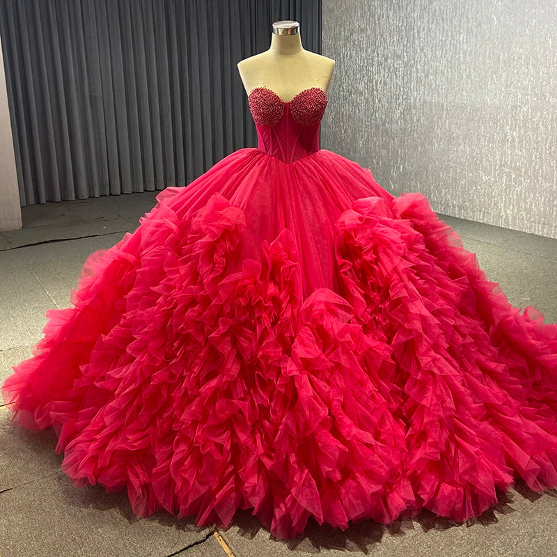 Customized V-Waist Rose Red Dress Tube Top Lady Short Skirt Large Tail Toasting Suit Rsm231108V