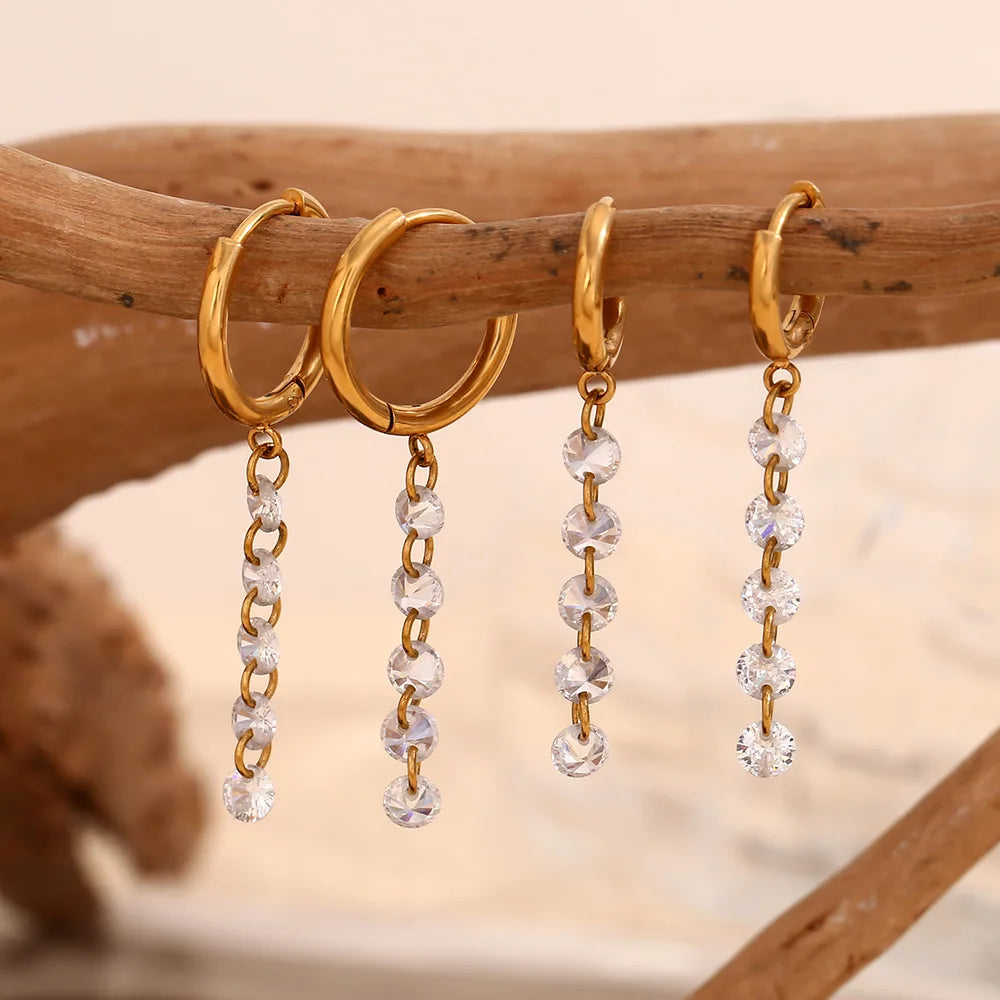 Fashionable Stainless Steel Stud Earrings with Gold-Plated Simple White Zircon Pendant Trendy Tassel Ear Buckles