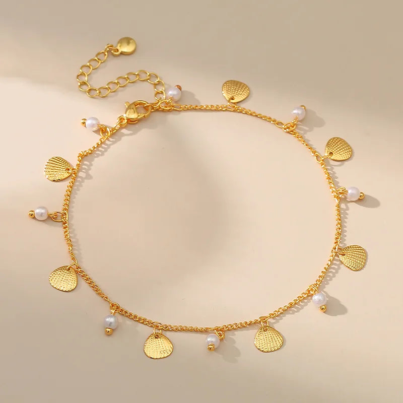 Hot Selling French Beach Anklet Creative Small Shell Pearl Pendant Anklet 18K Gold Plated Anklet for Women