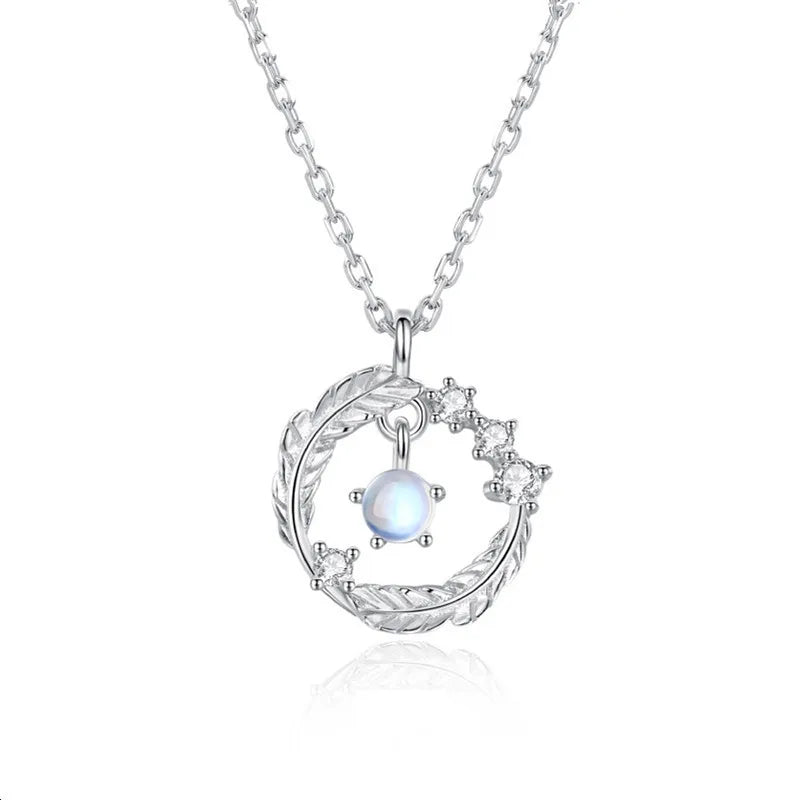 Hot Sale Stylish Personality Moon Stone Feather Necklace Pendant Feather With You Accompanying Clavicle Chainfor Birthday Gift