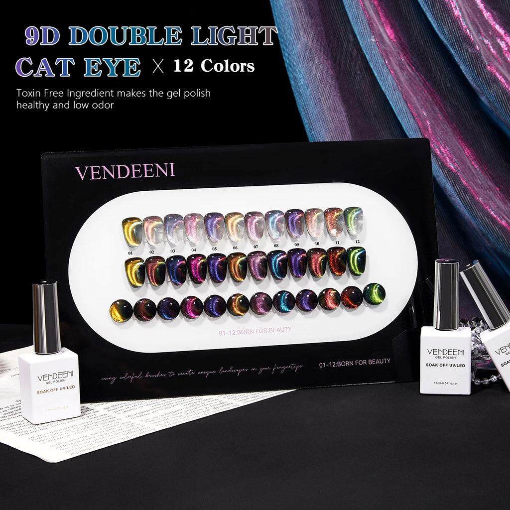 Vendeeni Custom Logo Nail Salon UV Gel Polish 9D Aurora Mirror Chameleon Cat's Eye 12 Colors 15ml Glass Beads Cat Eye Gel