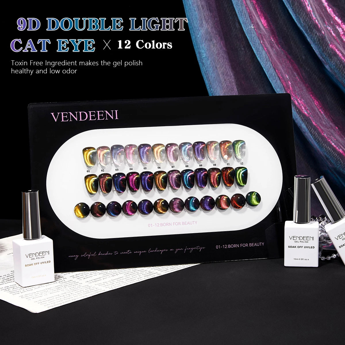 Vendeeni Custom Logo Nail Salon UV Gel Polish 9D Aurora Mirror Chameleon Cat's Eye 12 Colors 15ml Glass Beads Cat Eye Gel