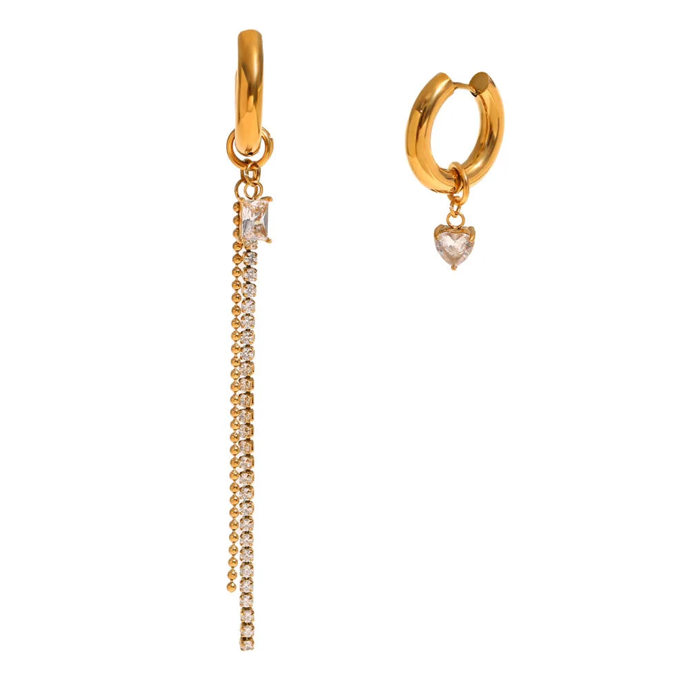 Luxury Stainless Steel Waterproof Heart CZ Zircon Long Tassel Chain Dangle Asymmetric Earring for Girls Party