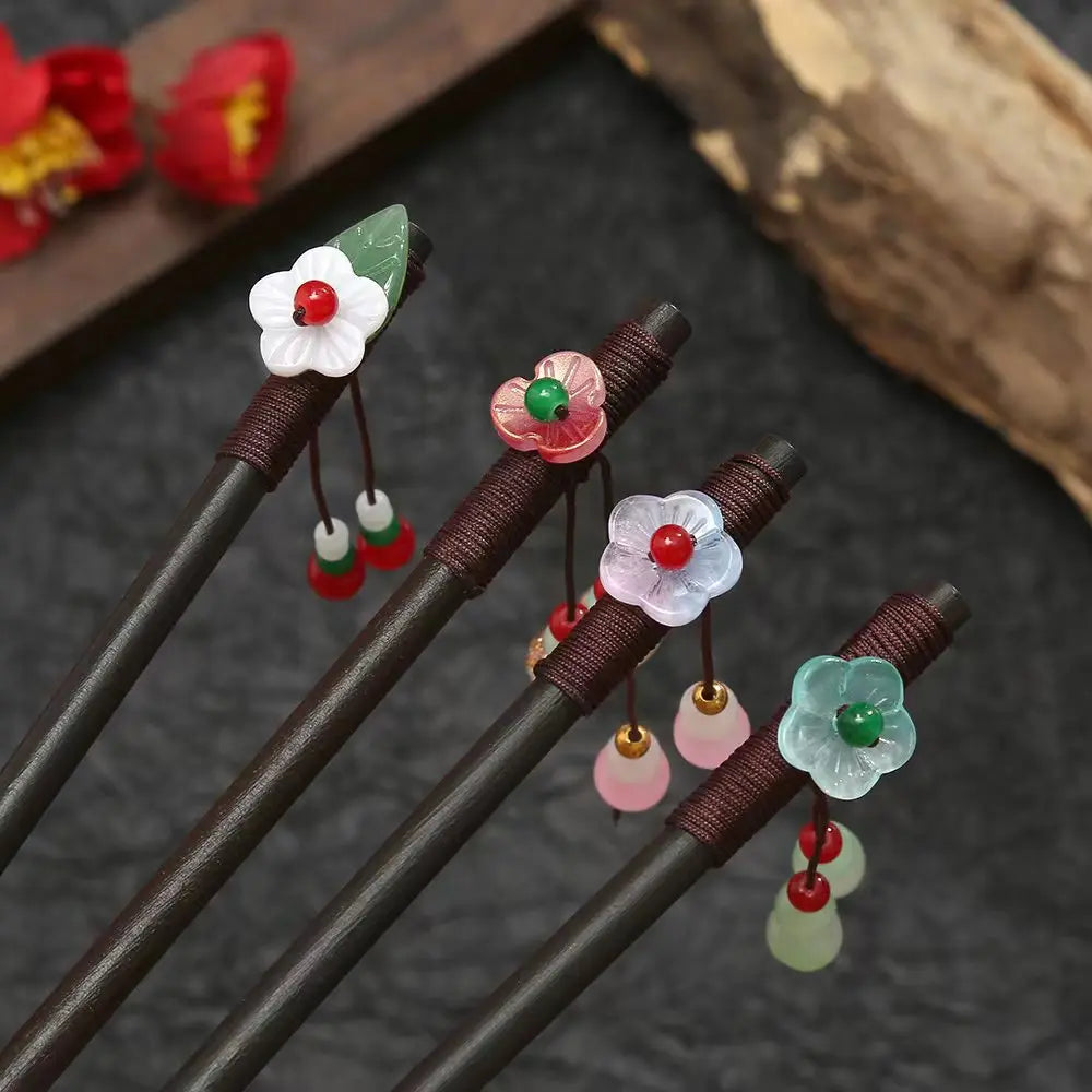 Wood Hairpin Hair Sticks Womens Flower Bead Tassel Hairpin Accessories Chinese Style Wooden Hair Bun Chop Stick