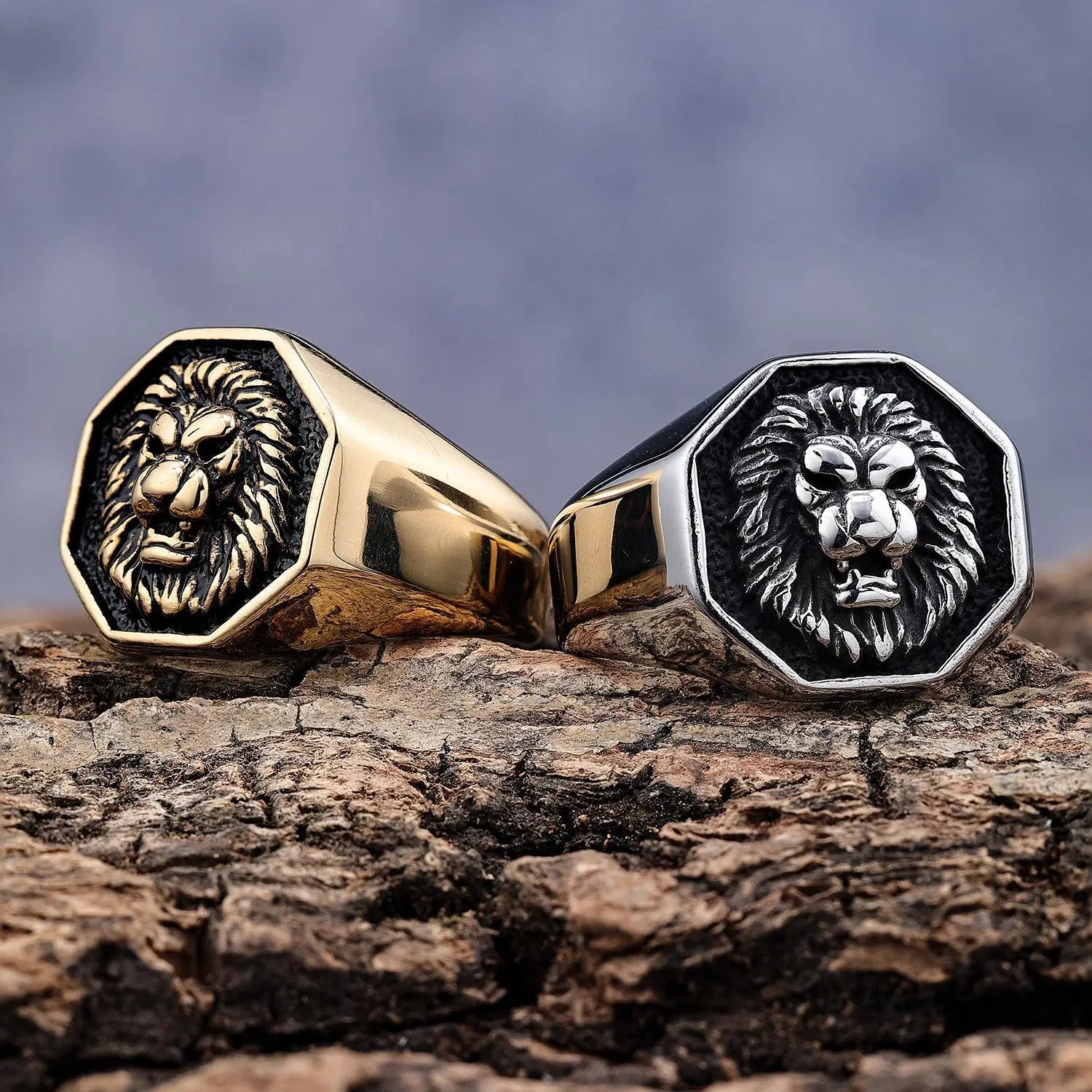 Wholesale Gold Plated Stainless Steel Lion Hip-Hop Men's  Ring Stainless Steel Geometric Hexagon Punk Lion's Sin of Pride Ri