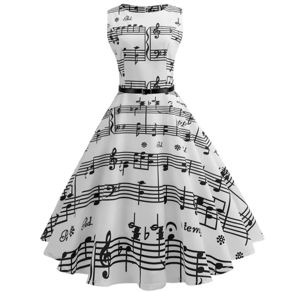 New Musical Print Vintage Hepburn A-line Party 1950s 60s Dress Elegant Casual Dresses With Belt
