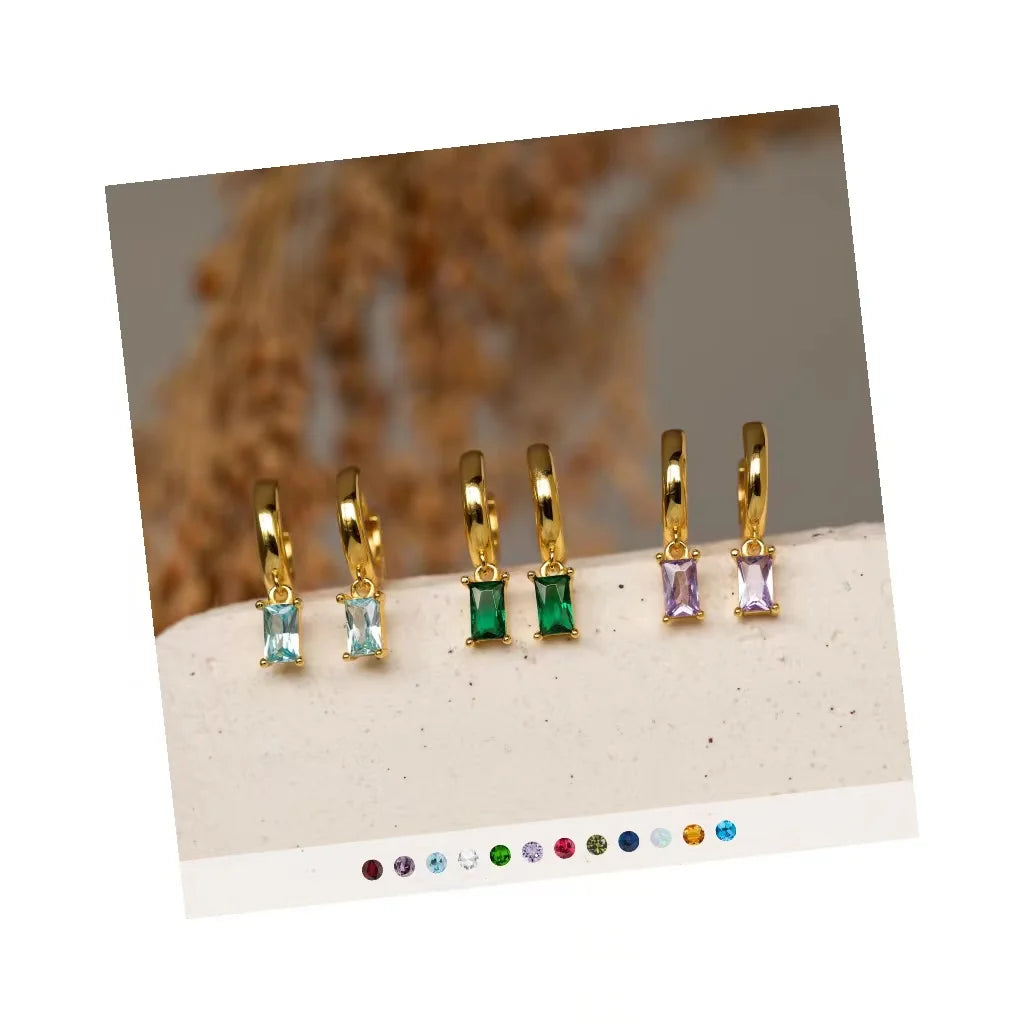 Fashion Jewelry Rectangle Cubic Zirconia Stone Round Hoop Earrings Custom Birthstone Huggie Earrings Women