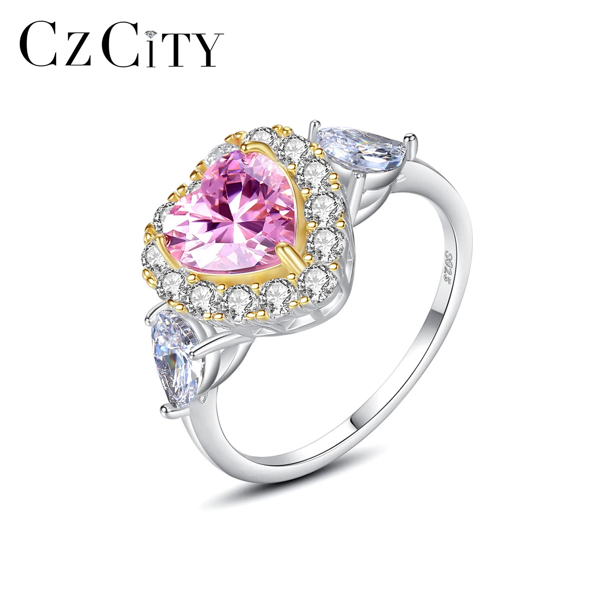 CZCITY Women's Pink Cubic Zircon Woman Wedding Heart Sterling Silver 925 Sliver Women Rings