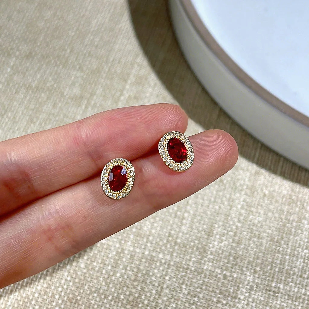 Light Luxury Brass Shiny Oval Red Zircon Stud Earrings S925 Silver Needle 14K Gold Tiny Zircon Earrings for Women