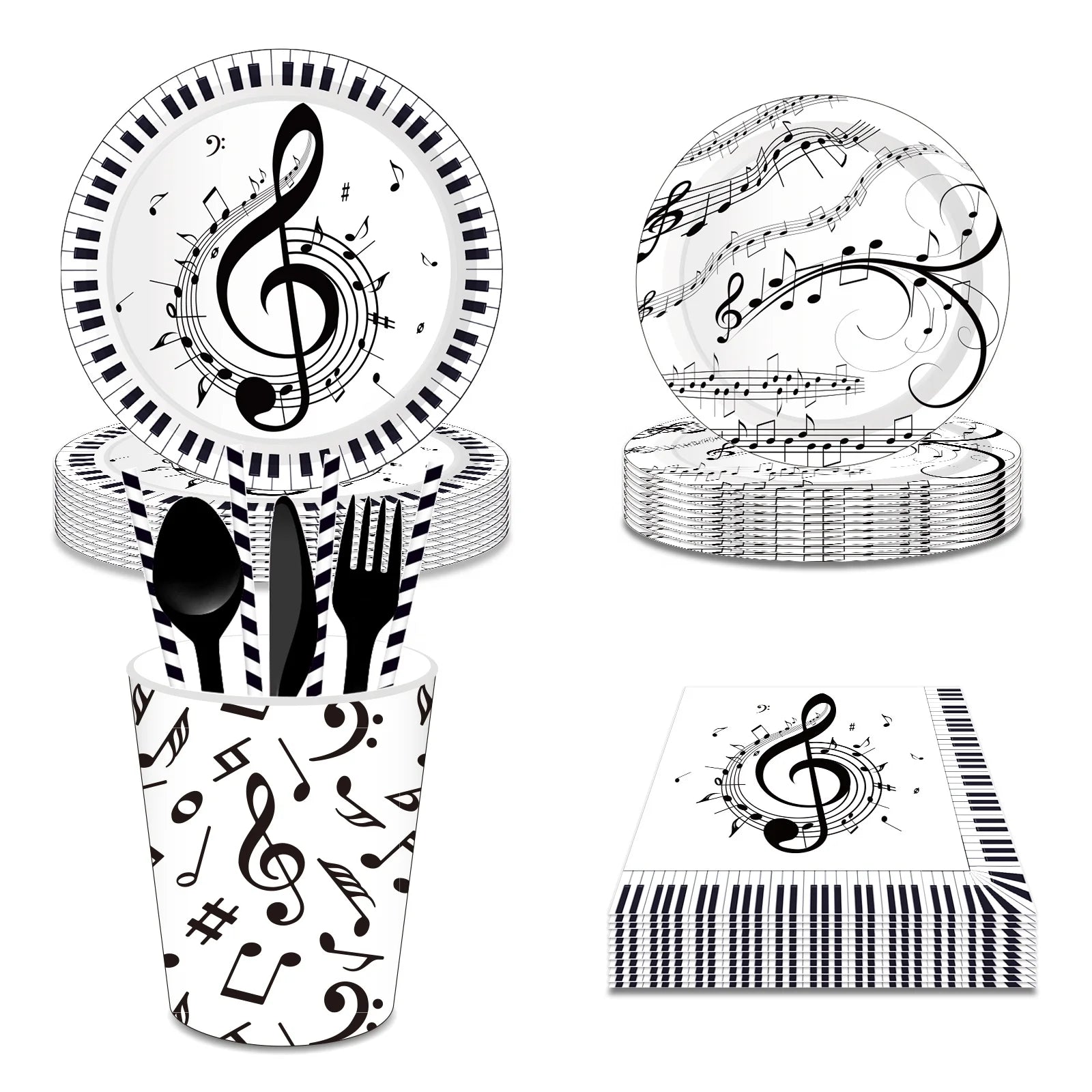 Huancai Musical Notes Party Supplies Paper Plates Cups Napkins Disposable Tableware Set for Kids Birthday Music Party Decor