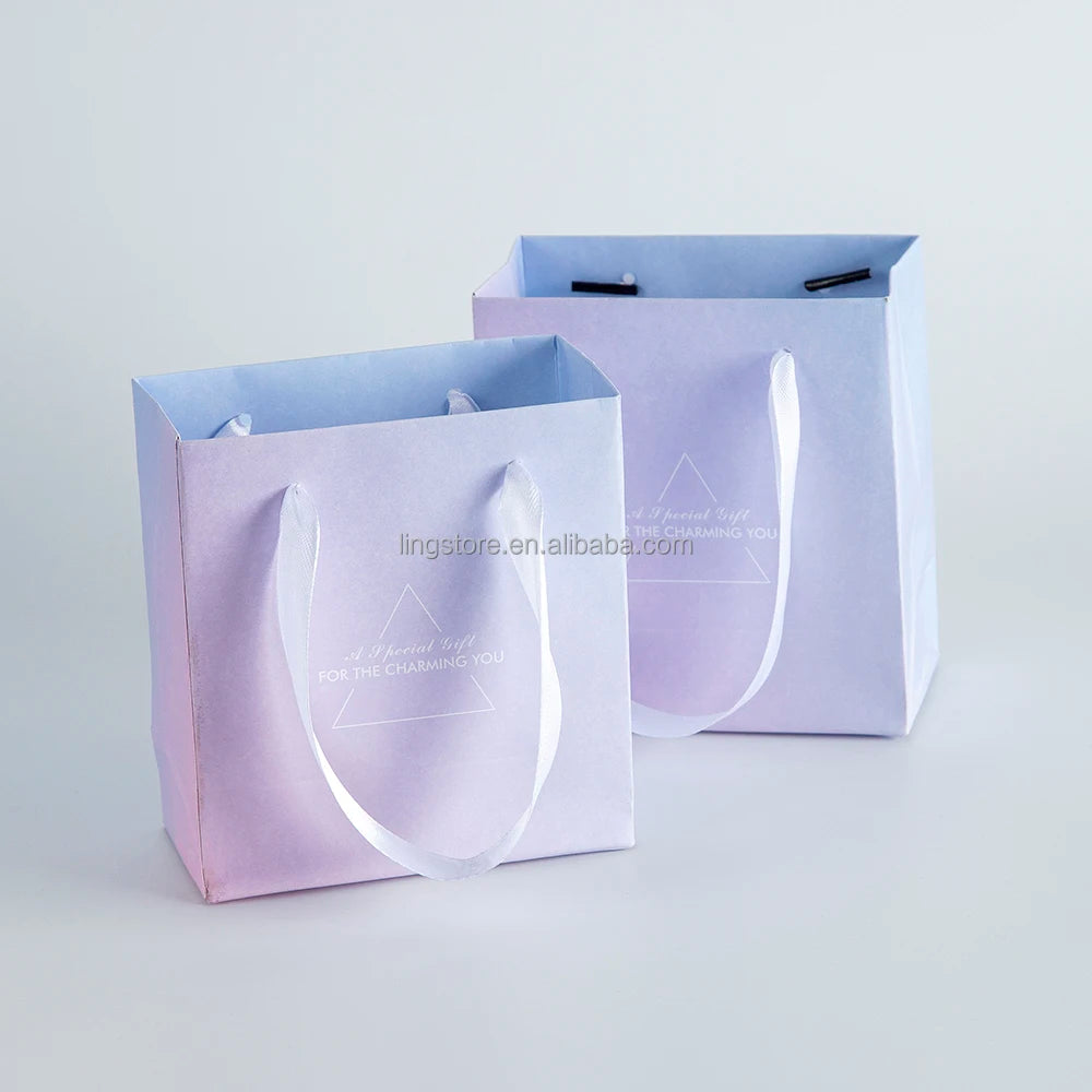 Unique Gradient Light Purple Luxury Charming Ribbon Handle Bag Boutique Small Charms Gemstone Crystal Gift Paper Bags