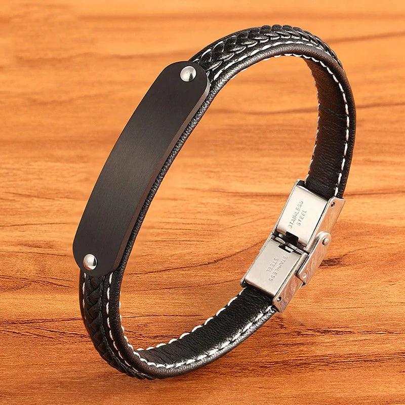 DIY Fashion Jewelry Men Stainless Steel Clasp PVD Black Studded Bar Bracelet Vintage Genuine Leather Cuff Bracelet OT-283
