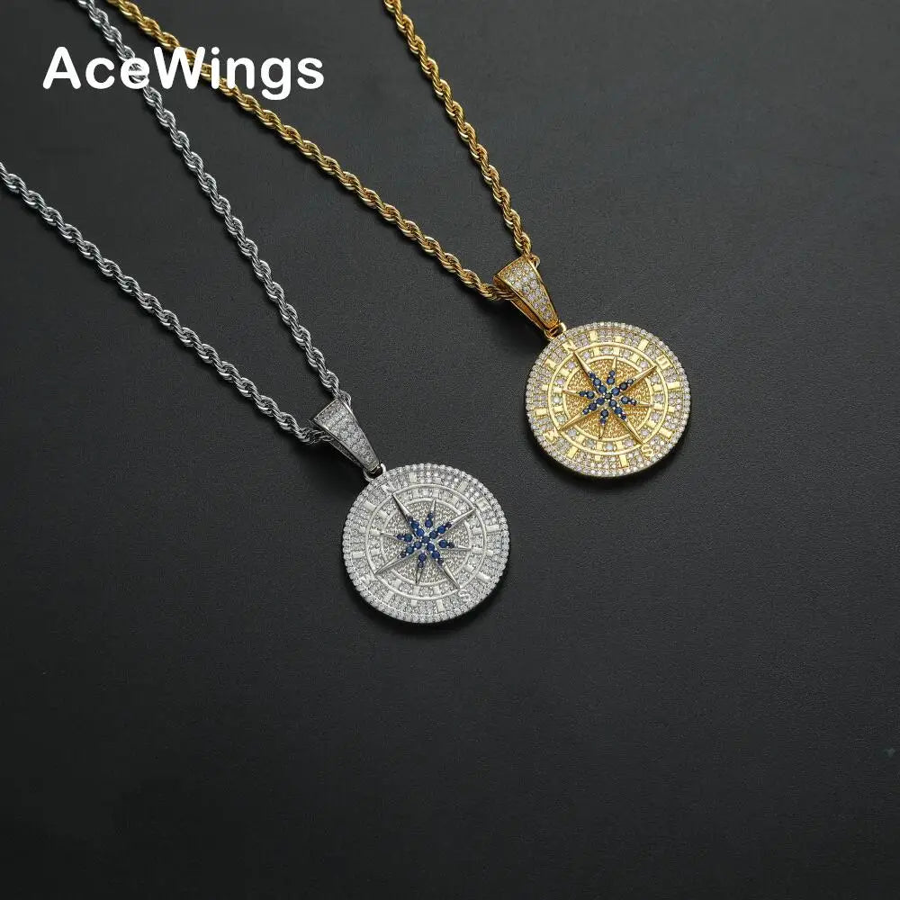 CN354 Gold/Silver Plated Brass Prong Setting Iced Out CZ Compass Shape Pendent with Rope Chain Hip Hop Jewelry Necklace Unisex