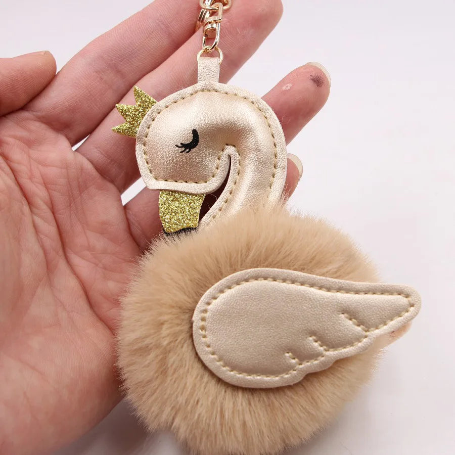 Swan Pom Pom Keychain PU Leather Animal Key Ring Furry Puff Ball Bag Hanger Fashionable Swan Promotion Gifts Plush Keychains