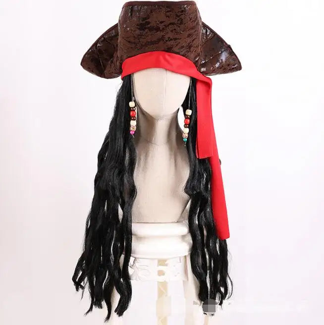 Ecowalson  Cosplay Pirate Captain Hat Dress up Props Men Women Carnival Wig Cap With Braids for Party Stage Performance