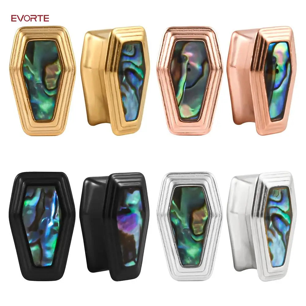 Evorte Trendy 316L Stainless Steel New Coffin Pattern Shell Ear Gauges Expander Plugs Flesh Tunnels Piercing Body Jewelry