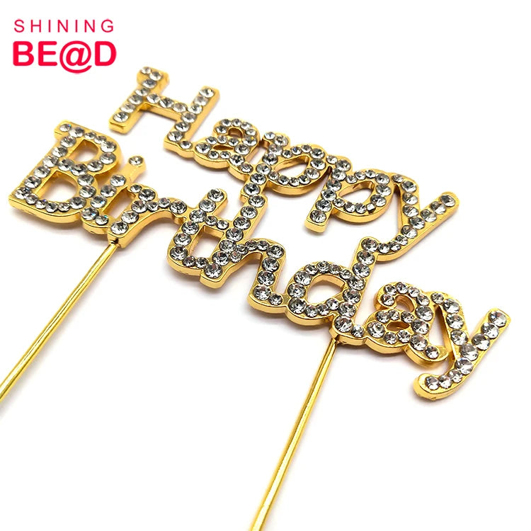 Wholesale New Fashion Gold Plated Happy Birthday Crystal Rhinestone Cake Topper for Birthday PartyCake Toppers Happy Birthday