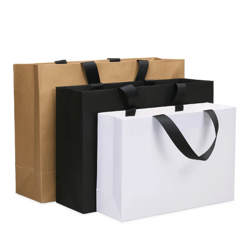 Custom Printed Logo Luxury White Black Paper Bag Recyclable Retail Boutique Shopping Gift Bags Clothing Shoes Bag