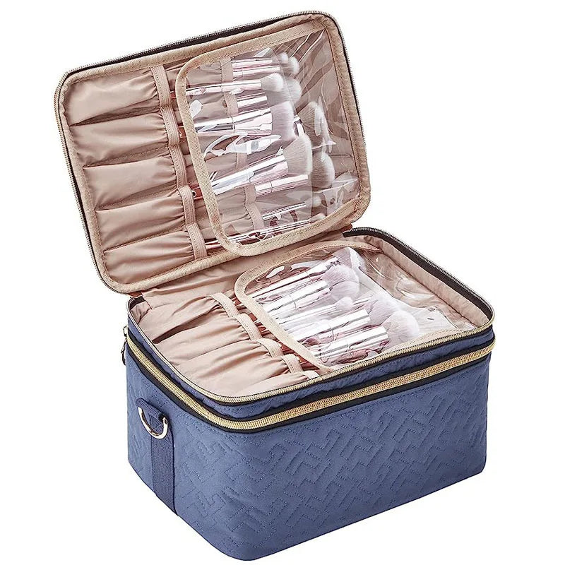 Custom Logo Polyester Cosmetic Bags for Travel Storage Bags Double Makeup Brush Organizer Box With Shoulder Tote Toiletry Bags