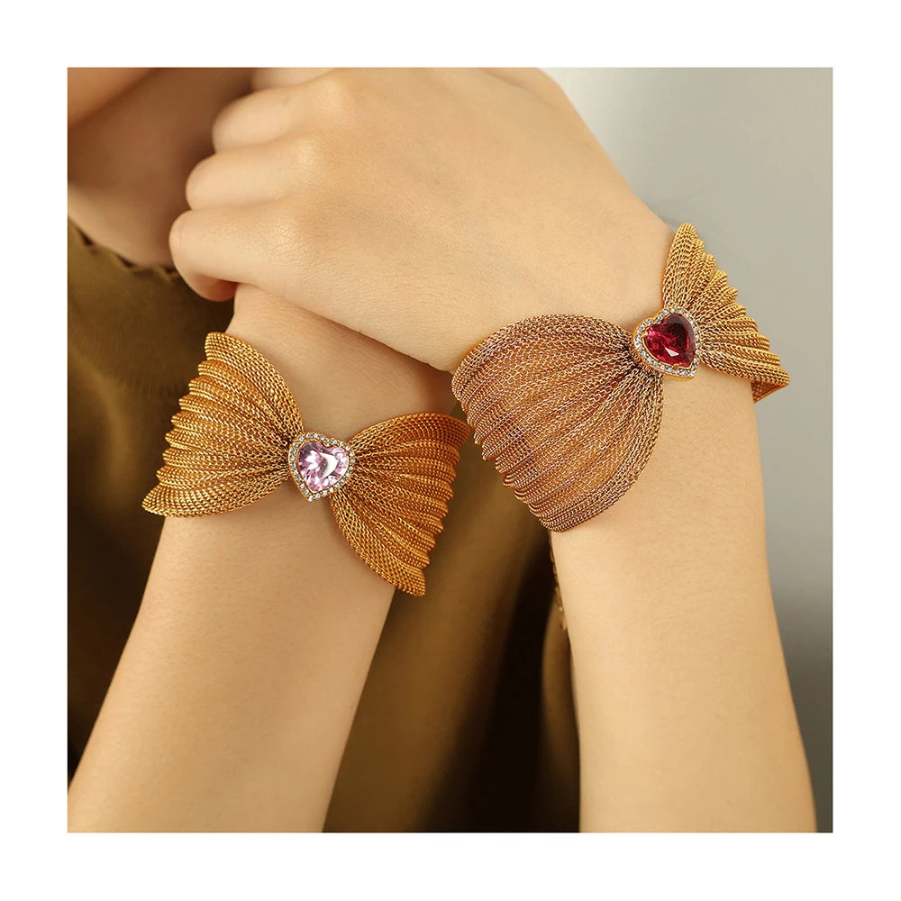 Personality Exaggerated Woven Chain Big Bowknot Heart Zircon Bracelet Stainless Steel Jewelry Wholesale Custom Female