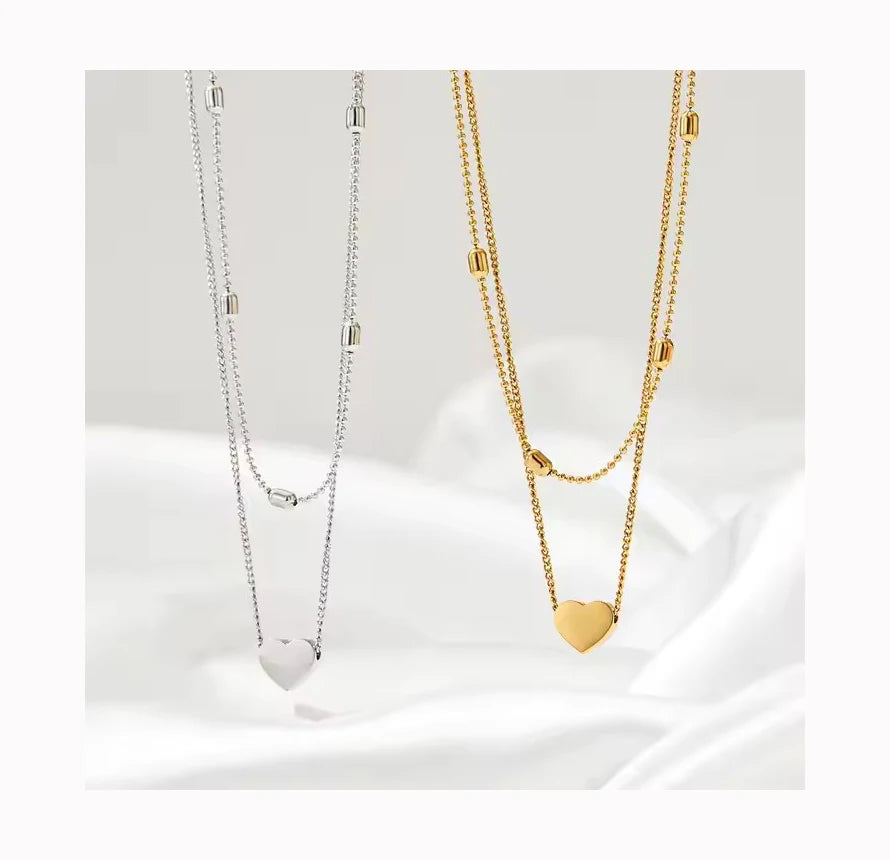 Hot-Sale Double Layered Stainless Steel Bead Chain Necklace Fashion Collarbone Gold Plated Love Heart Pendant Necklace