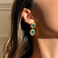 Women's Retro Luxury Stainless Steel Stud Earrings Waterproof 18K Gold Square Blue Zircon Pendant Low Allergy Jewelry