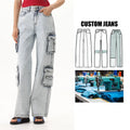 OEM High Waist Multi-pocket 100% Cotton Straight Wash Denim Cargo Pants Casual Oversize Baggy Trousers Wide Leg Jeans Pants