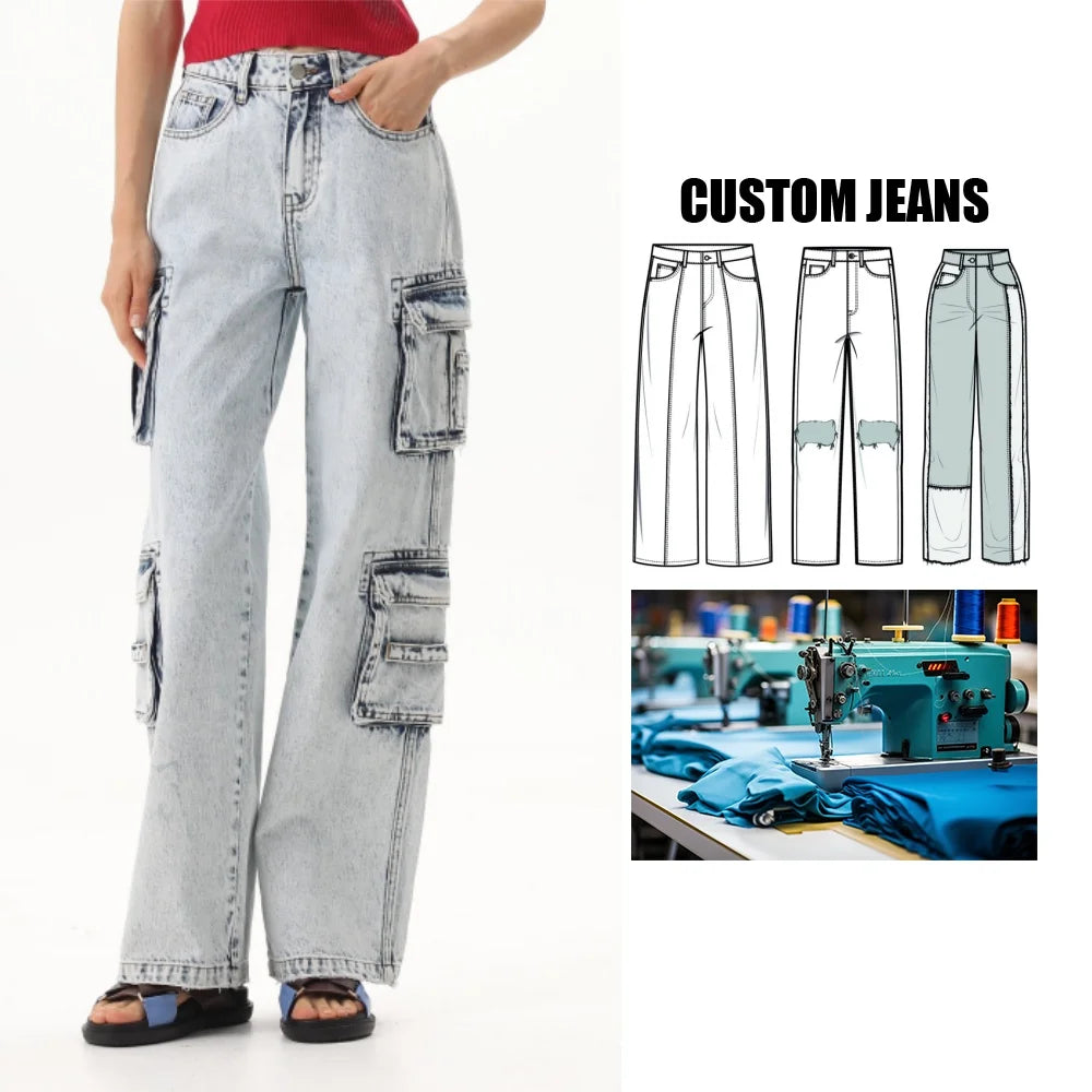 OEM High Waist Multi-pocket 100% Cotton Straight Wash Denim Cargo Pants Casual Oversize Baggy Trousers Wide Leg Jeans Pants