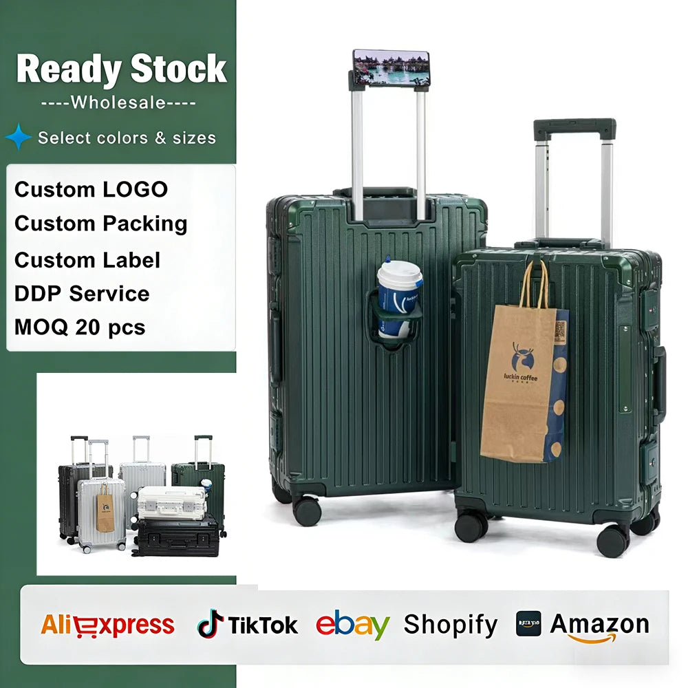 Lightweight Travel Luggage Set 20'' & 24'' Aluminum Frame PC Suitcase with Brake Wheels & Phone Holder