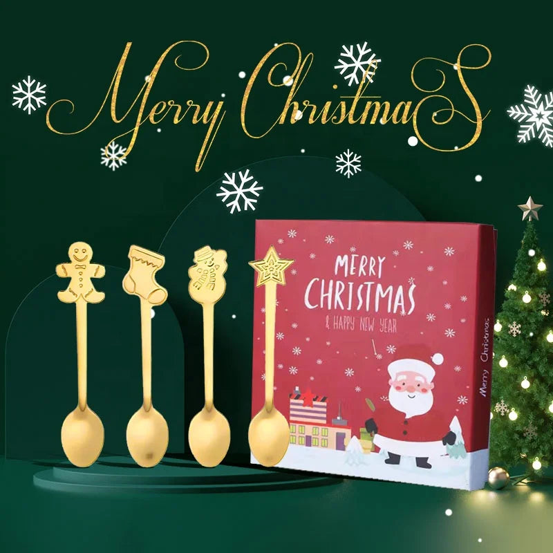 Fancy Christmas Decoration Handle Stainless Steel 4pcs Tea Coffee Spoon Set with Gift Box