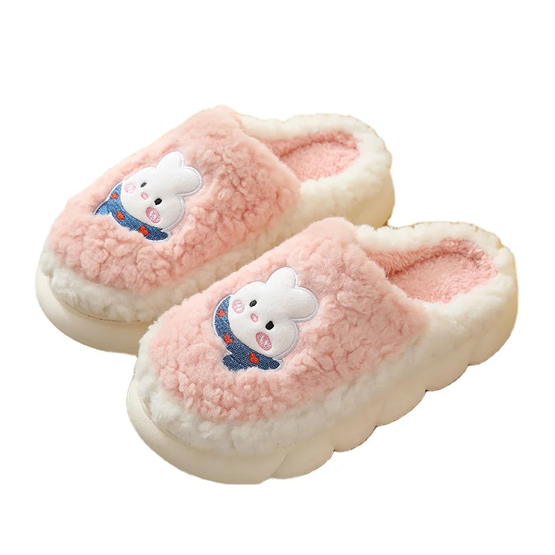 Wholesale Thermal Fluffy Closed Toe EVA TPR Thick Soled Indoor Rabbit Bear Animal Cartoon Plush Winter Women's Shoes