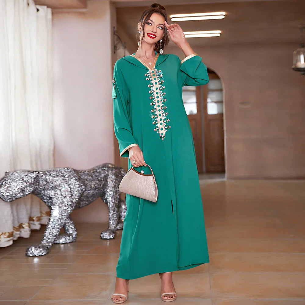 Latest Muslim Women Prayer Dress Pea Green Beaded Tassel Hooded Dress Women Muslim Dress Custom Kaftan Clothes