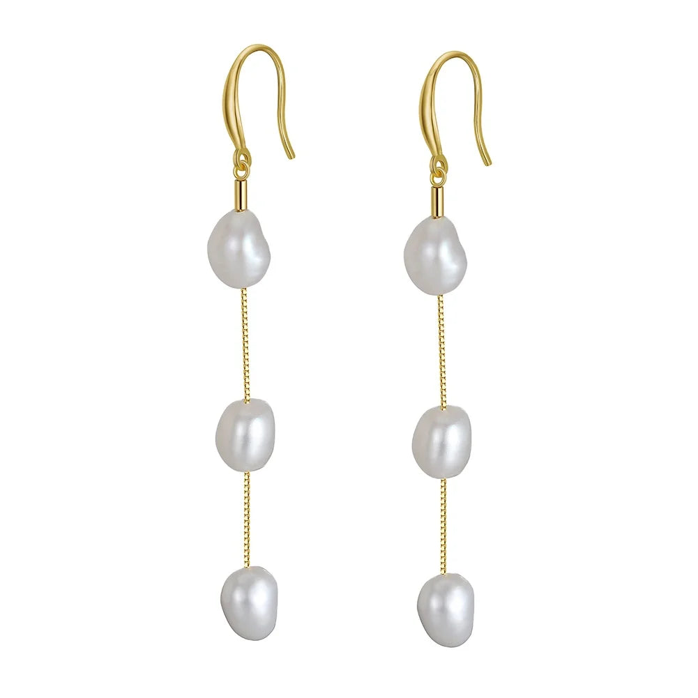 RINNTIN GPE12 Natural Baroque Freshwater Pearl Drop Earrings 925 Sterling Silver Gold Plated for Wedding Engagement Party Women