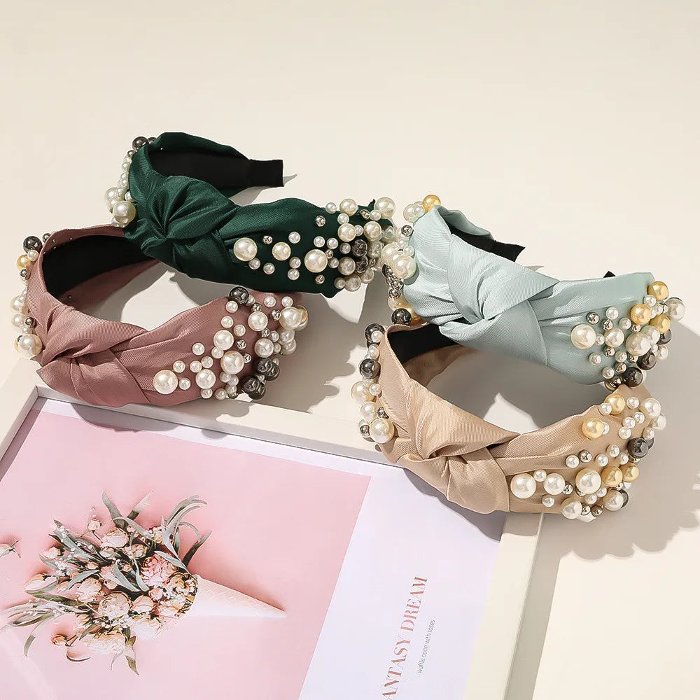 New Arrival Retro Elegent Pearl Headband Knot PU Leather Head Band for Women