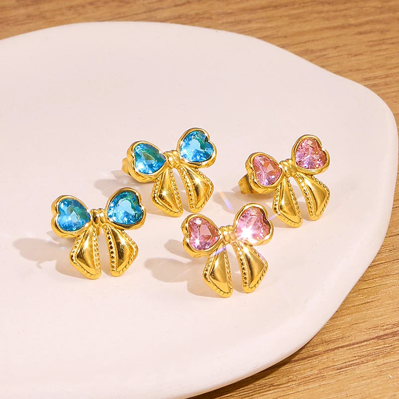 JUSNOVA 18k PVD Gold Plated Stainless Steel Bow Stud Earrings Waterproof Non-tarnish Pink Blue Heart CZ Jewelry Wholesale