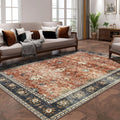 Luxury Vintage Low Pile Indoor Floral Print Boho Rug 5x7 Brick Red Non-Slip Large Area Carpet Living Room Machine Washable