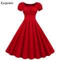 Summer Solid 50s 60s Vintage Dress Women Short Sleeve Square Collar Elegant Office Party Midi Dresses Belt