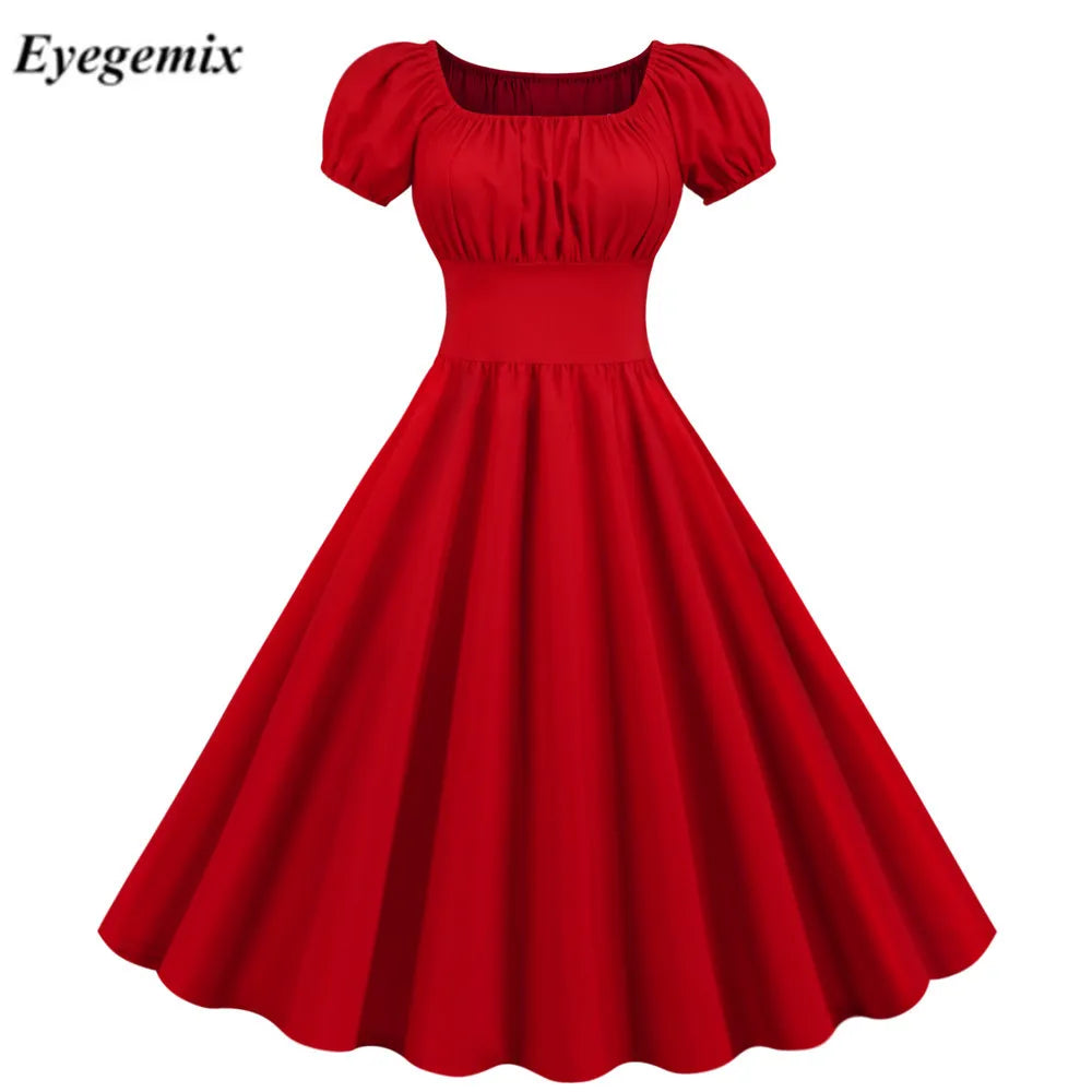Summer Solid 50s 60s Vintage Dress Women Short Sleeve Square Collar Elegant Office Party Midi Dresses Belt