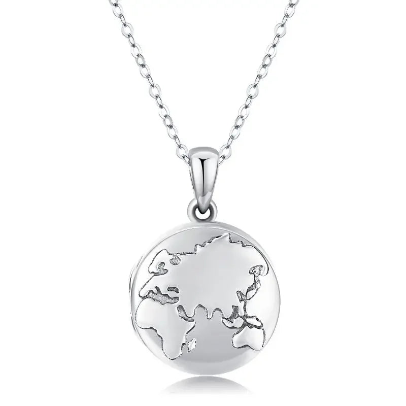 Factory Sale 925 Sterling Silver Rhodium Plated Embossed World Map Locket Necklace for Women