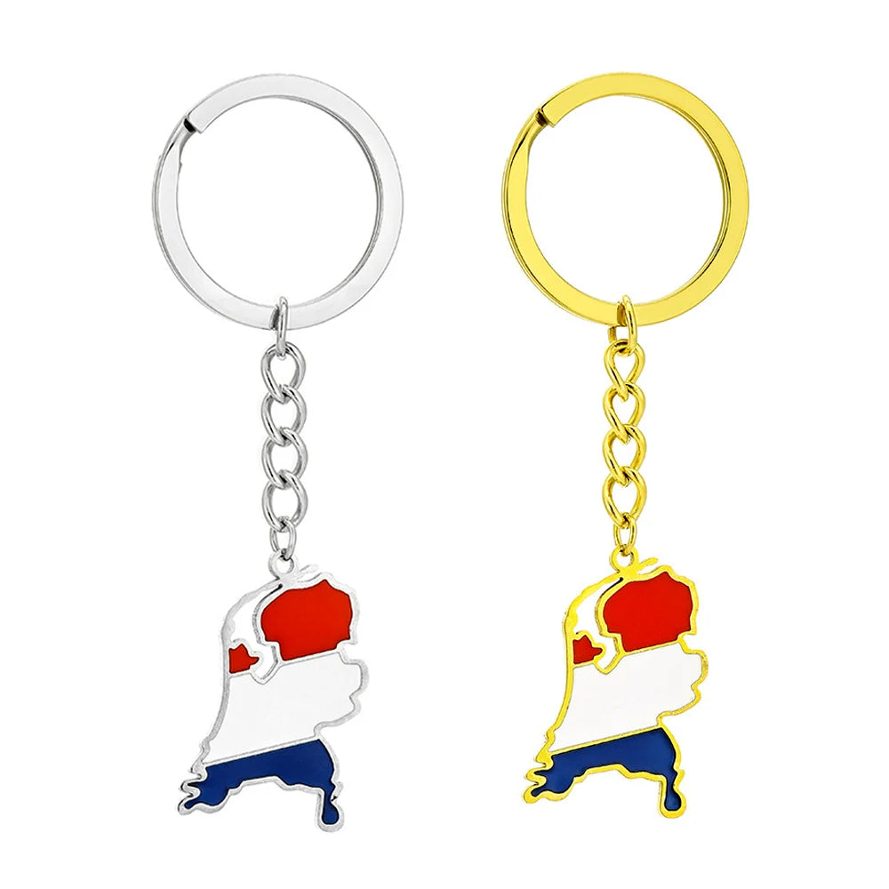 Stainless Steel Enamel Koninkrijk Der Nederlanden Flag Charm Keychain Holland 18K Gold Enamel Map Netherlands Pendant Key Chain