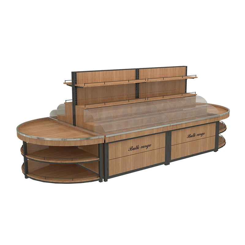 Super Dry Goods Display Double-Sided Light Duty Steel Wood Shelves Customizable Supermarket Bulk Snack Display Racks