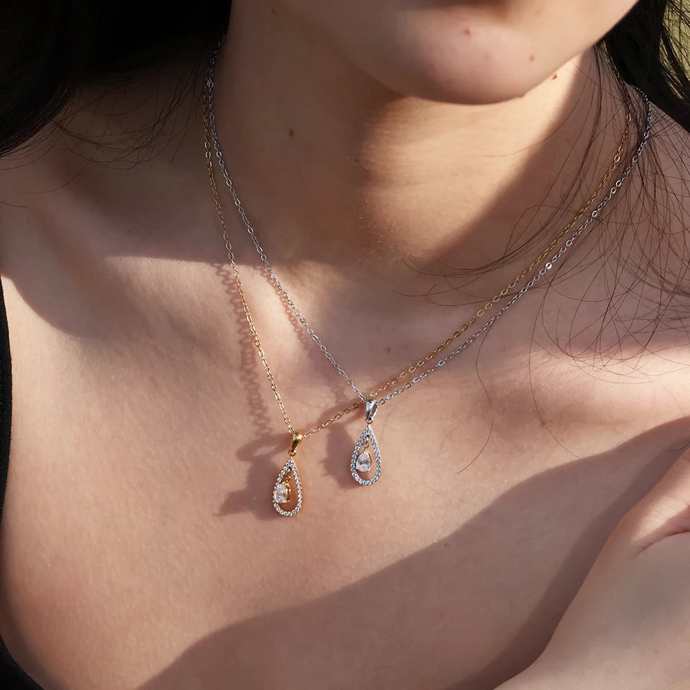 Customized Luxury Delicate Stainless Steel Double-layer Water Drop Hollow Inlaid Diamond Pendant Necklace High-end Accessories